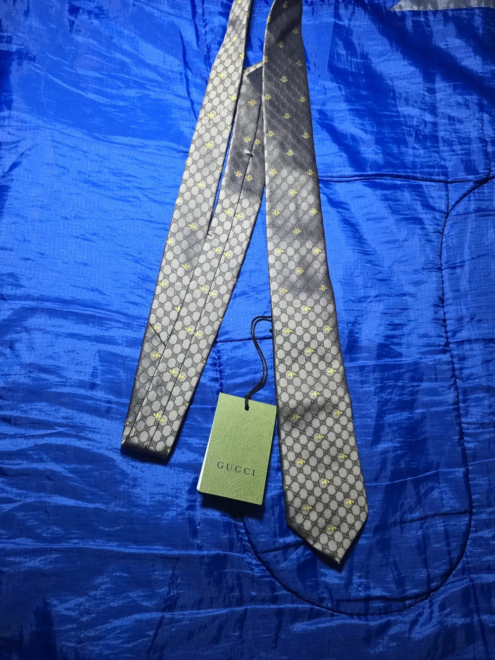 Gucci Gray Silk Tie with Gold Bee Motif